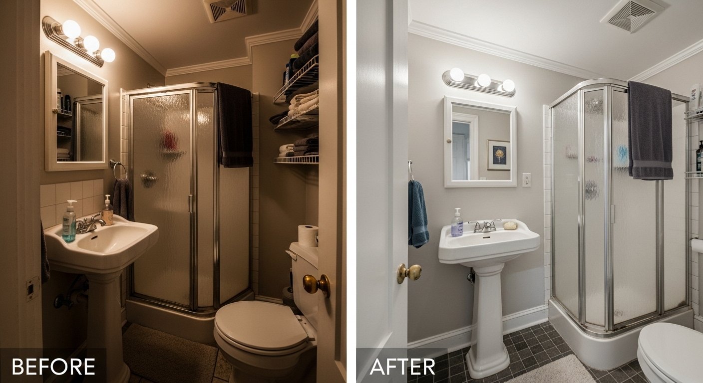 Water damage spreading from bathroom